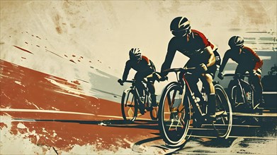 Vintage grungy poster of cyclists, AI generated