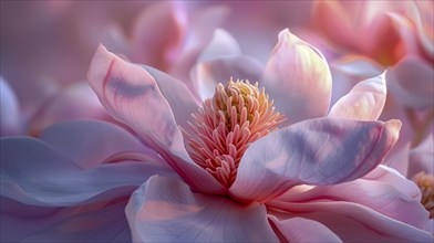 Close-up of a pastel pink magnolia flower with delicate petals illuminated by soft lighting, AI
