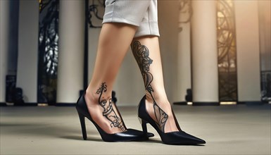 Woman showing leg tattoos, wearing black high heels and beige trousers in a modern architectural