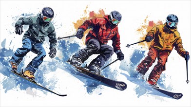 Three skiers in colorful outfits skiing dynamically down a snowy slope, AI generated