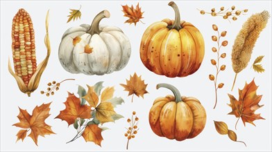Watercolor illustration of pumpkins, autumn leaves, corn, branches, and berries in warm fall