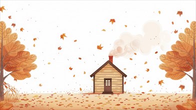 A cozy wooden house with smoke from the chimney surrounded by falling autumn leaves and orange