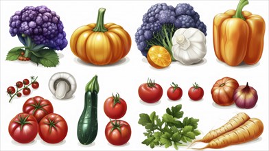 A variety of realistic vegetables including pumpkins, peppers, tomatoes, cauliflower, and herbs, AI