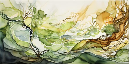 Abstract painting symbolizing environmental protection with organic shapes in earthy color tones,
