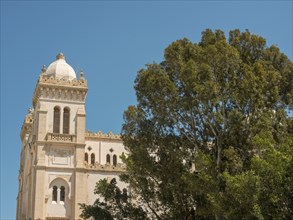 Part of an old church with trees in the foreground and blue sky in the background, Tunis in Africa
