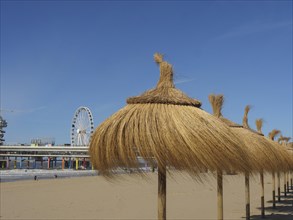 Beach with thatched parasols and a Ferris wheel in the background, parasols and a pier on the beach