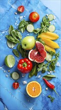 Top view illustration of assorted vibrant fruit and vegetable composition, AI generated