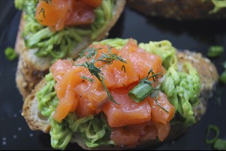 Gourmet avocado toast topped with smoked salmon, garnished with fresh dill and green onions on a