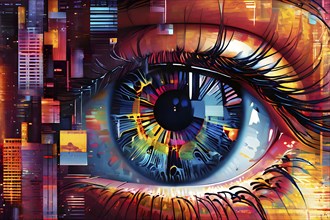 Illustration mosaic collage of an abstract detailed eye morphing into urban cityscape, AI generated