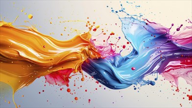 Fluid and colorful splashes of orange, blue, and pink paint creating an artistic abstract scene, AI