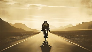 Abstract vintage grungy poster of a lonely triathlete riding his bicycle on an wide landscape, AI