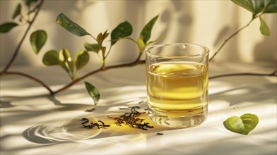 A glass of green tea with scattered tea leaves and green leaves in a sunlight filled environment,