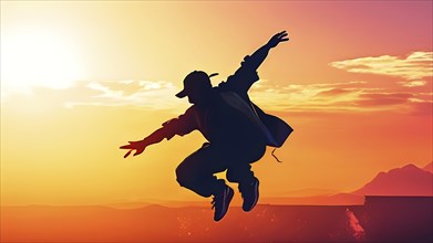 Illustration of a breakdancer silhouette in calm harmony bathed in the breathtaking palette of a