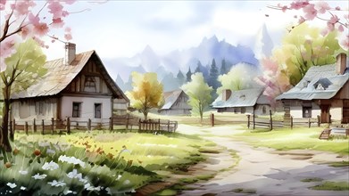 Watercolor depiction of a village in spring with blooming flower, AI generated