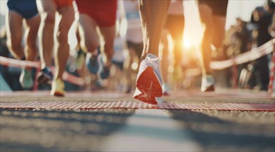 A group of runners are racing on a track with a crowd watching. Low angle view, AI generated