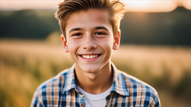 Smiling boy, teenager with caucasian look outside in summer, bokeh, portrait, looking into the
