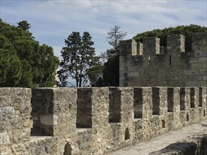 Stone wall of a historic fortress with battlements against a wooded background and blue sky,