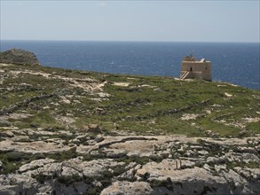 Watchtower on a rocky coast, surrounded by vegetation and with deep blue sea, the island of Gozo