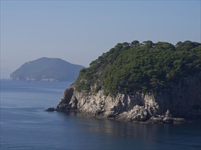 Calm blue sea surrounds a rocky coast overgrown with dense green trees, the old town of Dubrovnik