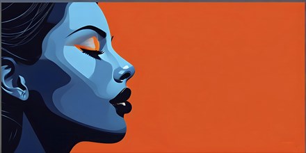 Abstract minimalistic side view portrait of a woman with red lips and orange eye shadow, AI