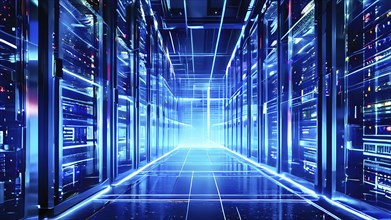 Server racks aligned in rows within a cloud computing data center background and data streams