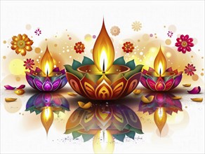 Three oil lamps with flowers and reflections in a colorful, festive atmosphere, AI generated