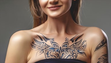 Close-up of a smiling woman with a large tribal chest tattoo and a tattooed arm, AI generated, AI
