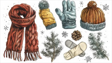 Winter accessories including scarves, gloves, beanies, with pine branches and pinecones, creating a