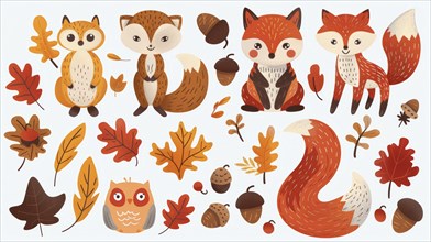 Whimsical illustration of cute foxes surrounded by acorns and autumn leaves in vibrant fall colors,