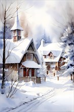 Watercolor depiction of a village in winter blanketed with the first fallen snow, AI generated