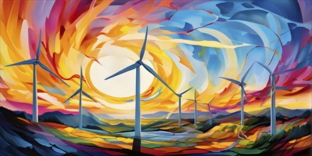 Abstract painting capturing renewable energy themes with flowing lines in vibrant colors, AI