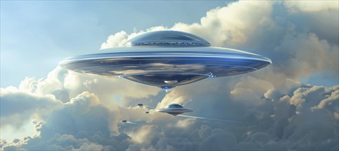 A large, glowing, alien shaped UFO saucer object is flying. UAP, Unexplained Aerial Phenomena, AI