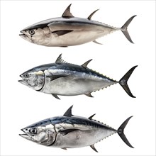 Three isolated images of Tuna fish with transparent background. AI generated