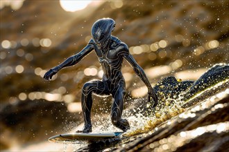 Alien, a single surfer in a futuristic suit gliding on a wave at sunset, AI generated, AI generated