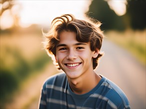 Smiling boy, teenager with caucasian look outside in summer, bokeh, portrait, looking into the