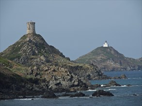 Two lighthouses on rocky hills sloping down to the sea, Corsica, ajaccio, France, Europe