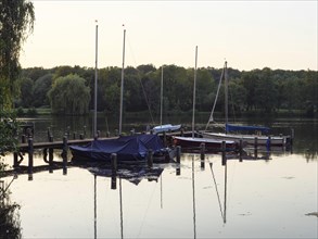 Boats moored at the jetty are reflected in the calm evening water of the lake, surrounded by trees,