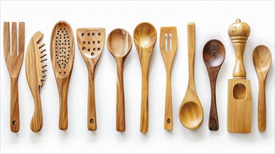 A collection of eleven different wooden kitchen utensils and tools, neatly arranged in a row on a