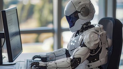 A white robot working at a computer in a modern office setting, AI generated