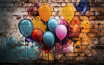 Graffiti art, colourful balloons sprayed on a brick wall, AI generated, AIgenerated, AI generated