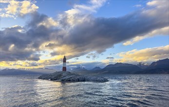 Lighthouse Faro Les Eclaireurs at sunset, dramatic clouds, Beagle Channel, Tierra del Fuego, Tierra