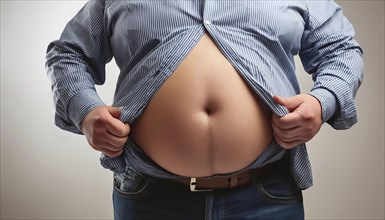Overweight, A man pulls up his shirt to show his round fat belly, AI generated, AI generated