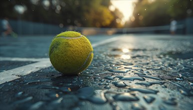 Tennis ball on a wet court during sunset with droplets and blurred background, AI Generated, AI