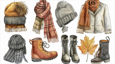 Winter clothing illustrated with hats, scarves, and boots alongside autumn leaves in earthy and