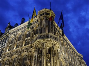 Magnificent illuminated building with many architectural details and flags at night, blue hour in a