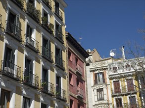 Various historic buildings with balconies under a clear sky, Madrid, Spain, Europe