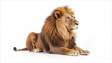 A majestic male lion sits regally, showcasing its strength and commanding presence, AI generated