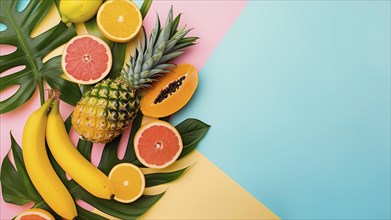 Healthy tropical fruit on a pastel colorful background. Flat lay, IA generated, AI generated