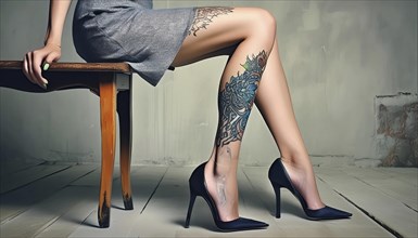 Woman sitting on a table, showing tattoos on her legs and wearing a grey dress and black