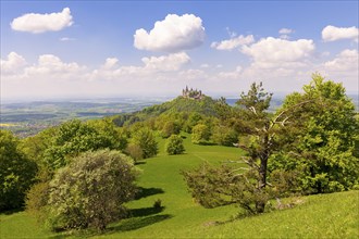 Hohenzollern Castle near Hechingen, cloudy sky, Zollernalbkreis, Swabian Alb, Baden-Wuerttemberg,